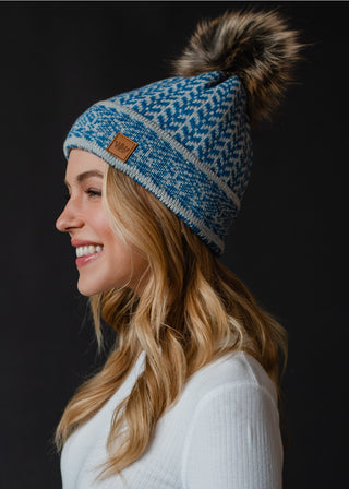 Blue & Light Grey Pom Hat