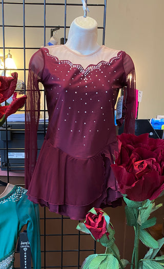 Solitaire Ready to Ship Scalloped Sweetheart Beaded Skating Dress - Wine