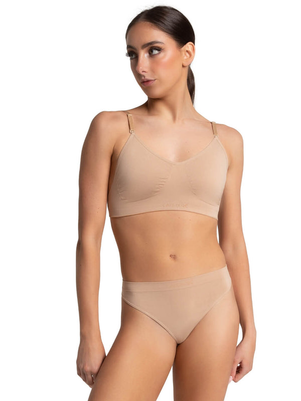 Capezio Women's Seamless Clear Back Bra With Transition Straps, Nude, Small  